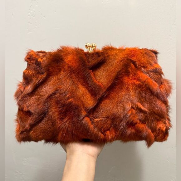 Real Fox Fur Herringbone Pattern Handmade Kisslock Clutch/Shoulder Bag/Crossbody - Picture 6 of 16